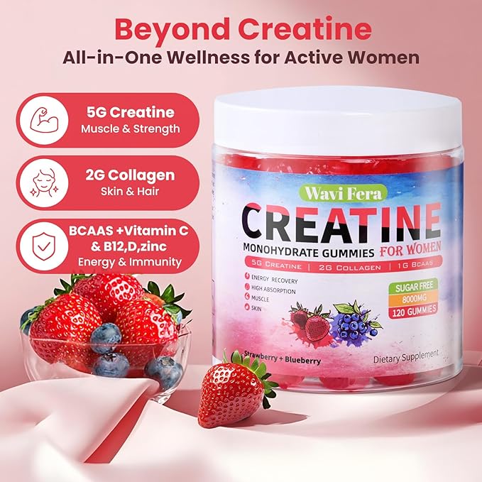 Creatine for WomenCreatine Monohydrate Gummies with Collagen+ BCAAs+Hyaluronic Acid+VitaminsC and b12Sugar FreeVeganSupplement for MuscleSkin Hair &amp Nail Support Mixed berry120 Counts