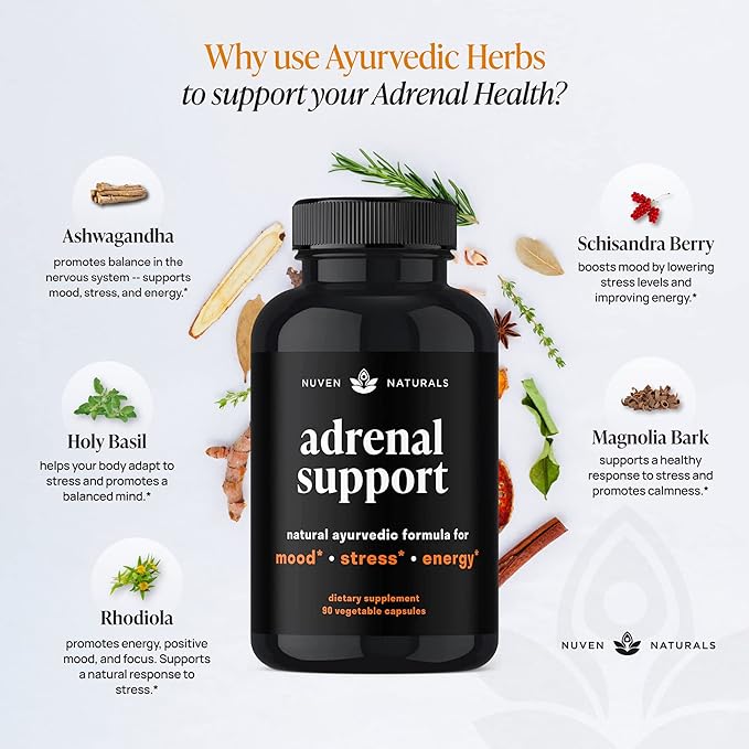 Adrenal Support - Cortisol Manager &amp Adrenal Support Supplements with Ashwagandha Extract Rhodiola Rosea Holy Basil to Help Stress Fatigue &amp Energy | Adaptogens | 90 Capsules