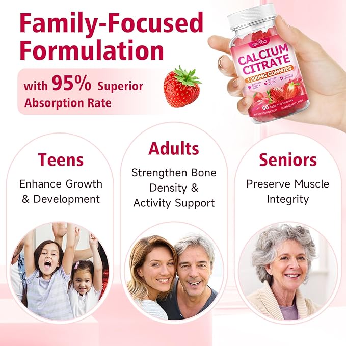 2 Packs High Absorption Calcium Citrate Gummies 1200mg - Bone &amp Teeth Support for Adults &amp Kids Vegan Sugar-Free Gummies Strawberry Flavor 120 Count