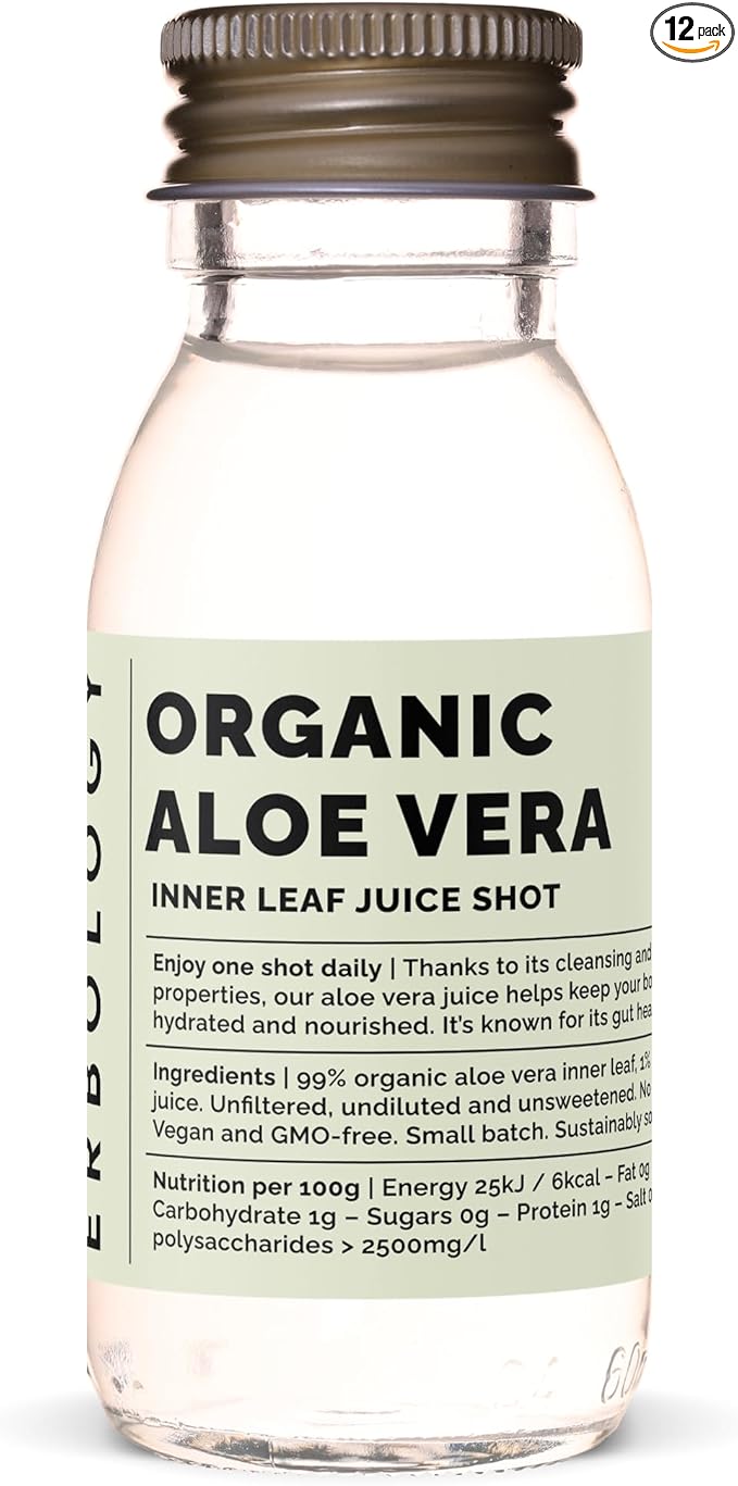 Erbology Organic Aloe Vera Juice 12 Daily Shots (2 fl oz) - Immunity Support and Detox - From Inner Leaf - Straight from Farm in Spain - Undiluted - No Added Sugar - Non-GMO - Recyclable Glass Bottle