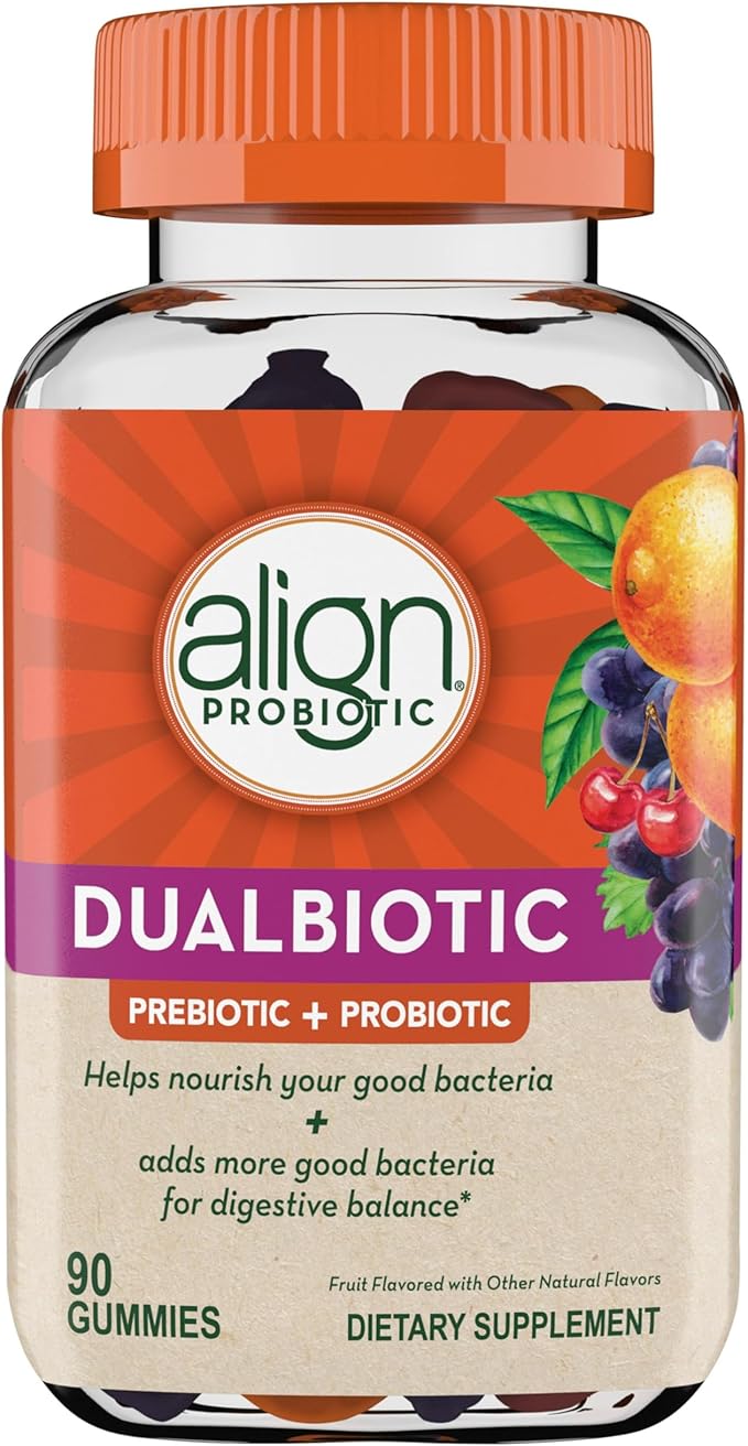 Align Dualbiotic Prebiotics and Probiotics for Women and Men Probiotics for Digestive Health Prebiotics Help Nourish Good Bacteria Natural Fruit Flavors 90 Probiotic Gummies