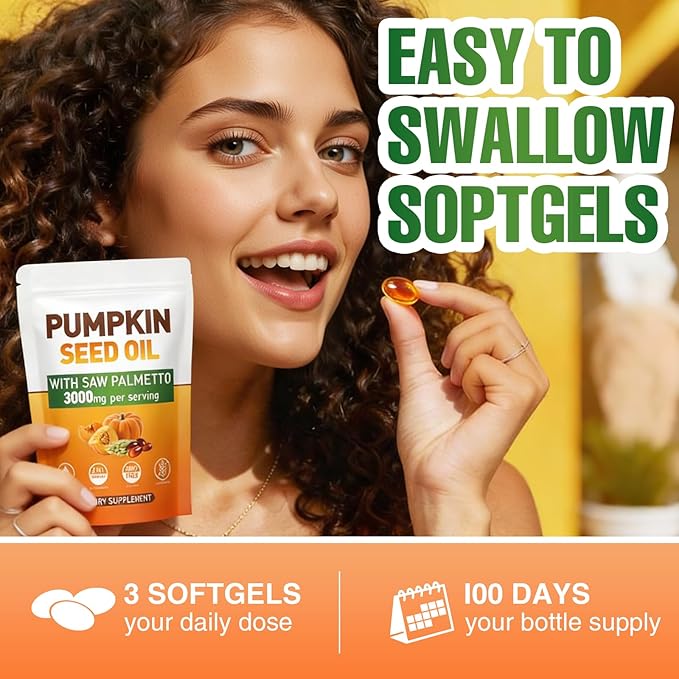 Pumpkin Seed Oil Capsules - Saw Palmetto Pumpkin Seed Oil 300 Softgels Prostate Health Immune and Urinary Tract Support Promotes Hair Growth - Pure Non GMO