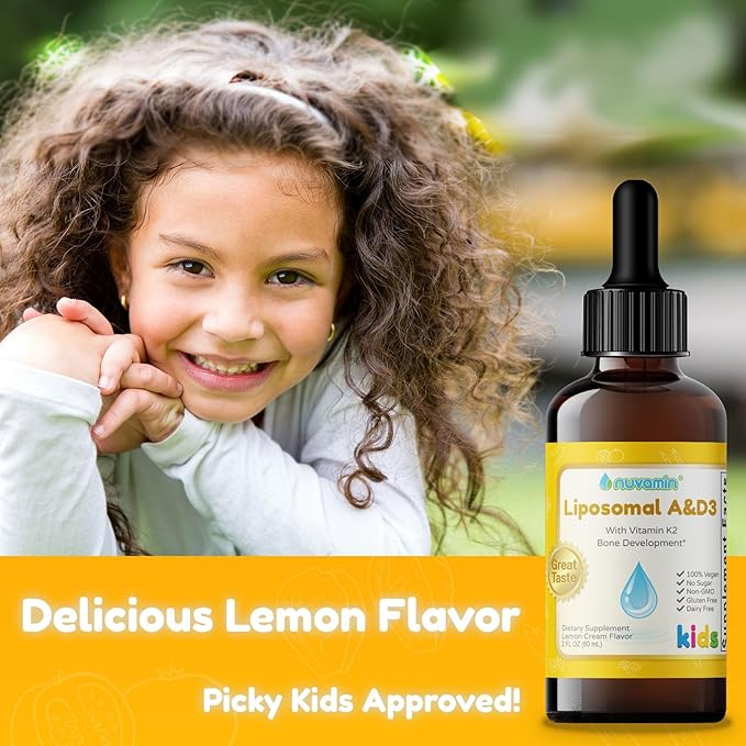 Nuvamin – Liquid Liposomal Vitamin A &amp D3 Drops with K2 for Baby Toddlers Kids &amp Adults 800 IU/mL 2 Fl.Oz (60ml) 120 Daily Serving Great Taste - All Natural - Superior Absorption Lemon Fl