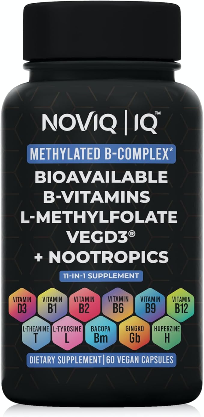 11-in-1 Methylated B-Complex Supplement: 680mcg L-Methylfolate(5-MTHF) Thiamine(B1) Riboflavin(B2) Pyridoxal(B6) Methylcobalamin(B12) - VegD3® + Nootropics - 1100mg+ Serving - 60 Count