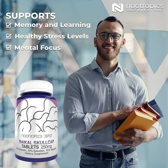 Nootropics Depot Baikal Skullcap Extract Tablets | 250mg | 60 Count | &gt15% Apigenin &gt20% Baicalein &gt50% Baicalin