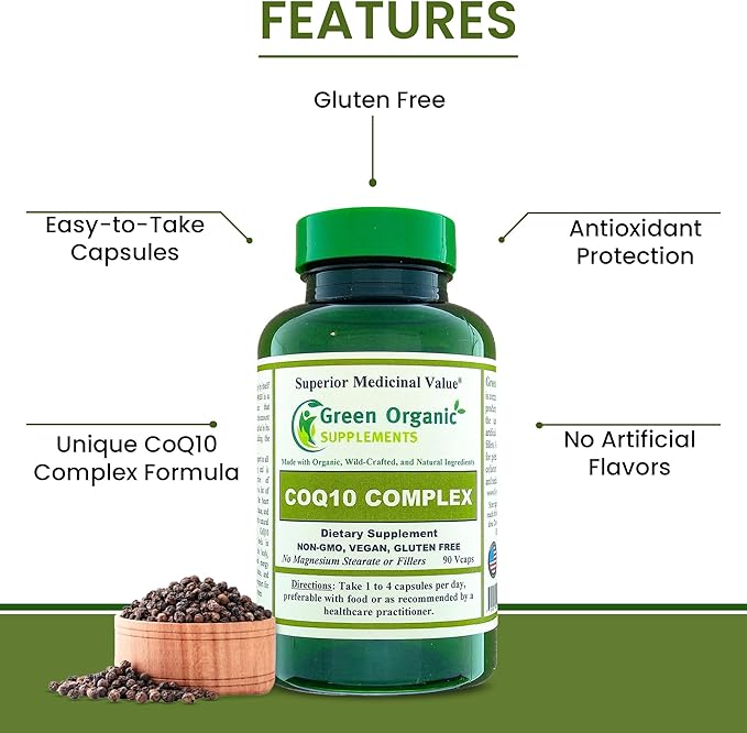Green Organic Supplements Coq 10 Complex Ubiquinone 90 VCaps High Absorbable Non-GMO Gluten-Free (Single)