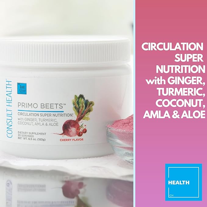 Consult Health Primo Beets Beet Root Powder Nitric Oxide Supplements for Men &amp Women Supports Circulation &amp Healthy Energy Levels Drink Mix Ginger Turmeric 6.5 oz.(30 Servings) Cherry Fl