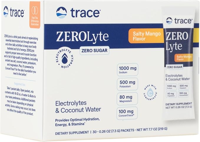 Trace Minerals ZeroLyte Salty Mango Flavor - Sugar Free Electrolyte Drink Mix - Supports Hydration Energy Stamina - Ancient Sea Salt Full Spectrum Minerals Coconut Water - 30 Packets