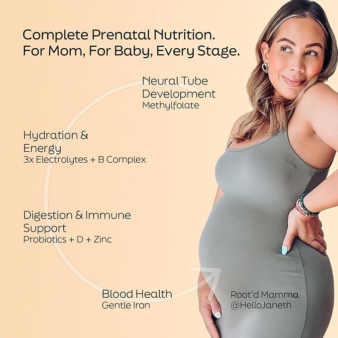 Root'd Prenatal Multivitamin Powder - 25 Vitamins &amp Minerals with 3x Electrolytes Folate Iron D3 for Mom &amp Baby 7 Superfood &amp Probiotics Sugar-Free Vitamins &amp Hydration | 30 Vitam