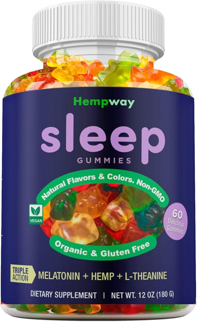 Hemp Sleep Gummies Triple Action | Promotes Healthy Sleep | Relaxes Body &amp Mind | Made in USA | 5mg Melatonin | 200mg Hemp | 10mg L-Theanine | 60 Organic Gummies