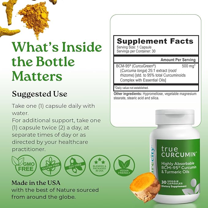 NatureCity True-Curcumin Turmeric Supplement | Non-GMO Tumeric and Curcumin 500mg Curcuma Capsules Vitamin Supplements | Up to 700% Increase in Absorption (60 Day Supply) | Supports Joints