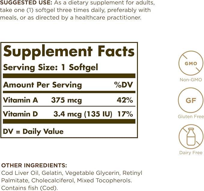 Solgar Cod Liver Oil - 250 Softgels Pack of 2 - Provides Vitamins A &amp D - Non-GMO Gluten Free - 500 Total Servings