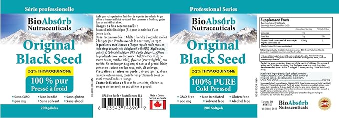 Bio Absorb Black Seed Oil Cold Pressed Capsules. 200 softgels 500mg (50-Day Supply). No Aftertaste.