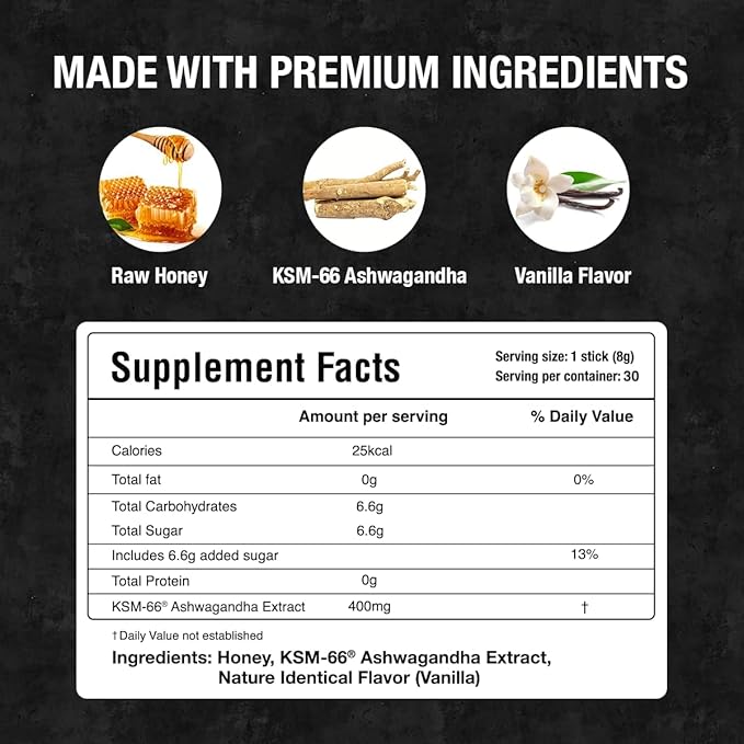 Bargad KSM-66 Ashwagandha Honey Sticks | 400mg Adaptogenic Support | Promotes Relaxation Sleep Focus Energy &amp Vitality | Premium Organic Honey | No Artificial Additives | 30 Count