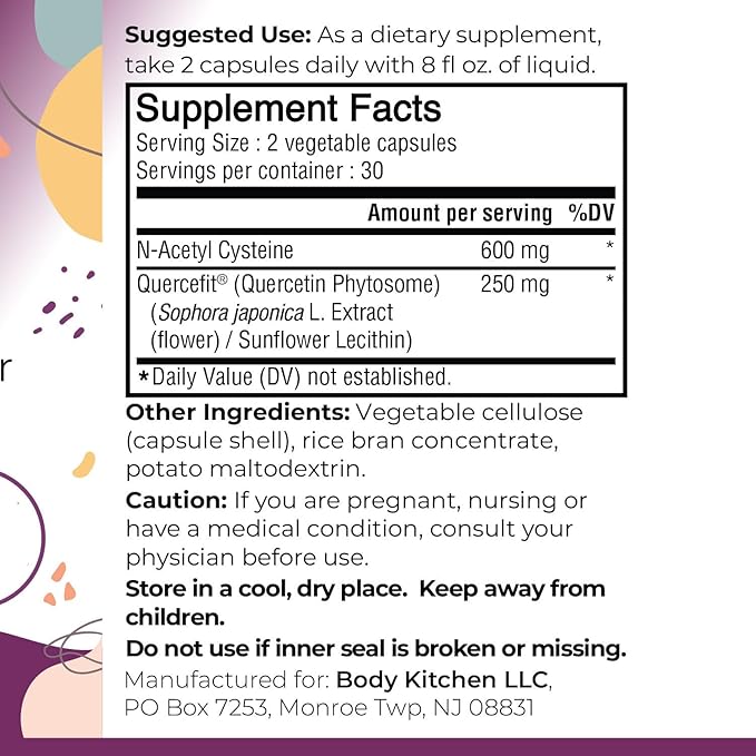 Body Kitchen Mega NAC (N-Acetyl Cysteine) 600 mg with Quercetin Supports Respiratory Health and Immune Function and Promotes Liver and Kidney Detox Veggie Caps (Pack of 2)