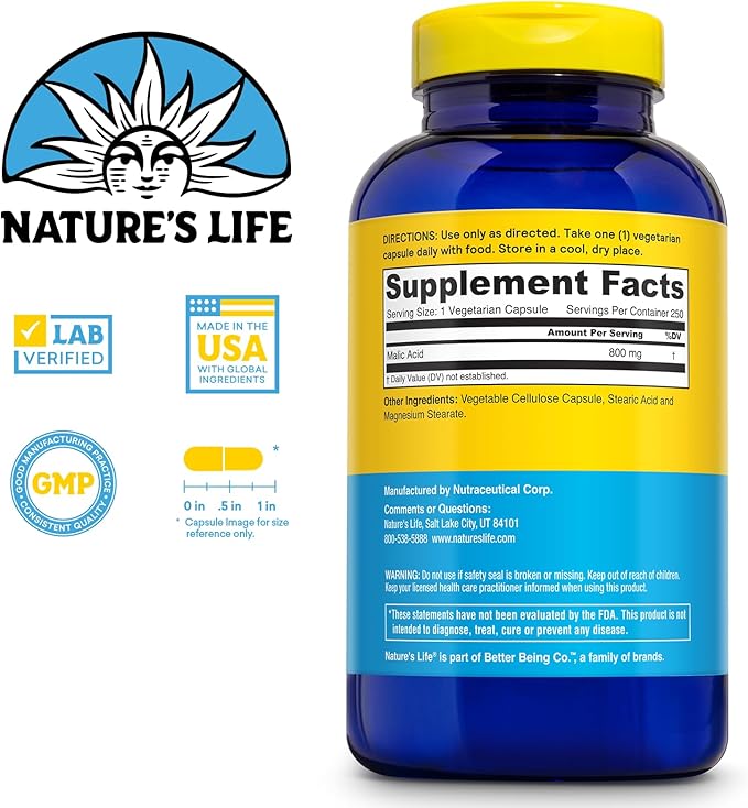 Nature's Life Malic Acid 800 mg | Chelating Agent May Help Support Energy &amp Muscle Comfort | No Gluten Non-GMO | 250 Count