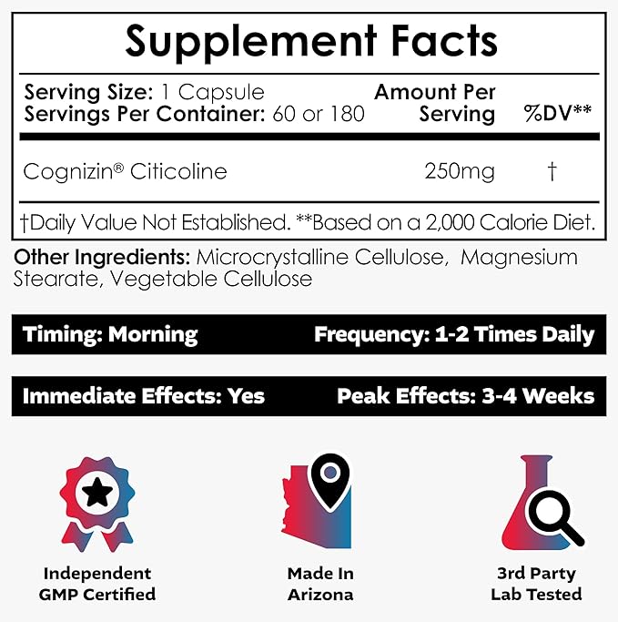 Nootropics Depot Cognizin Citicoline Capsules | 180 Count | Choline Supplement | Brain Health Supplement | Regulates Memory and Cognitive Function | Supports Attention Focus and Recall
