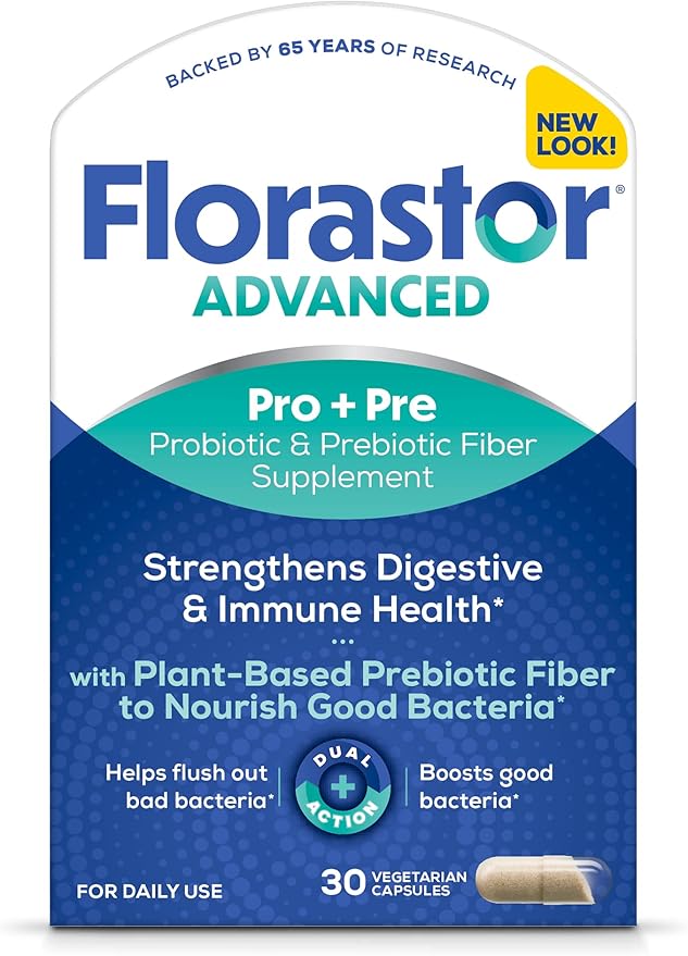 Florastor Advanced Pro+Pre Daily Probiotic and Prebiotic Supplement for Women and Men Boosts Good Bacteria Saccharomyces Boulardii CNCM I-745 (30 Capsules) (Pack of 1)