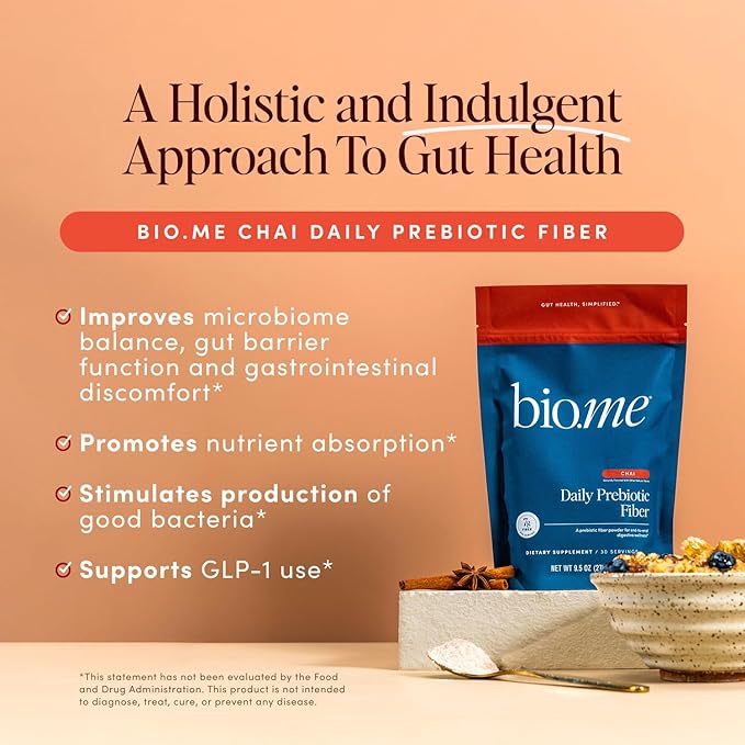 Bio.me Daily Prebiotic Fiber Powder Chai - 7g Per Serving - Soluble &amp Insoluble Fiber Supplement Powder for Women &amp Men - Digestive Health &amp Gut Health - GLP-1 Friendly Sugar Free - 30 Se