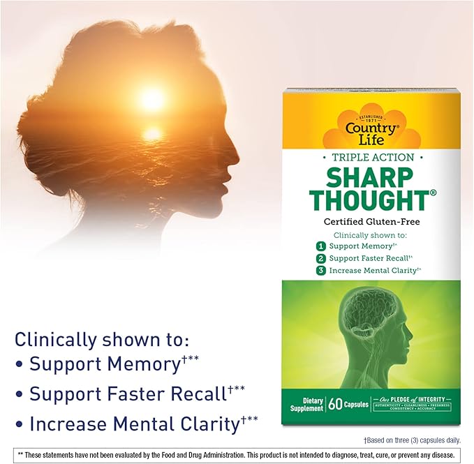 Country Life Sharp Thought - Memory &amp Cognitive Support Supplement – Sharp-PS Gold Phosphatidylserine + DHA – Promotes Mental Clarity &amp Faster Recall – Gluten-Free 60 Capsules