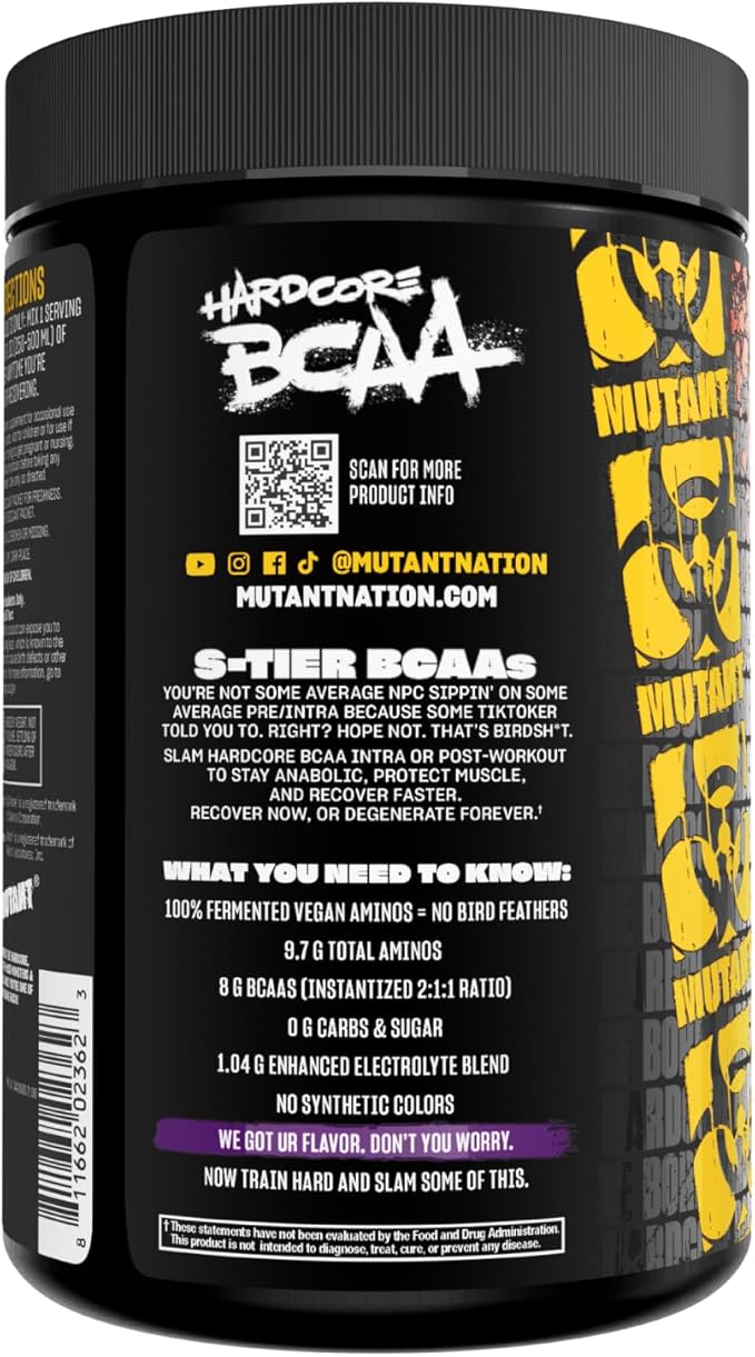Mutant Hardcore BCAA - Pre Intra or Post Workout – BCAA Next Level branched-Chain Amino Acids Supplement – Hydration + Recovery - 30 Serving - Grape