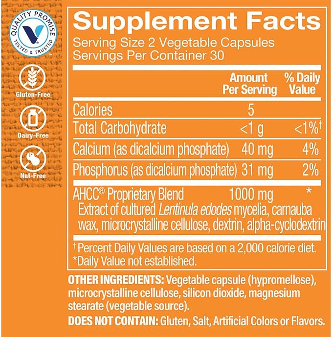 The Vitamin Shoppe AHCC 500mg - Immune System Booster &amp Cell Defense | Active Hexose Correlated Compound | 60 Veggie Caps | Mushroom Extract