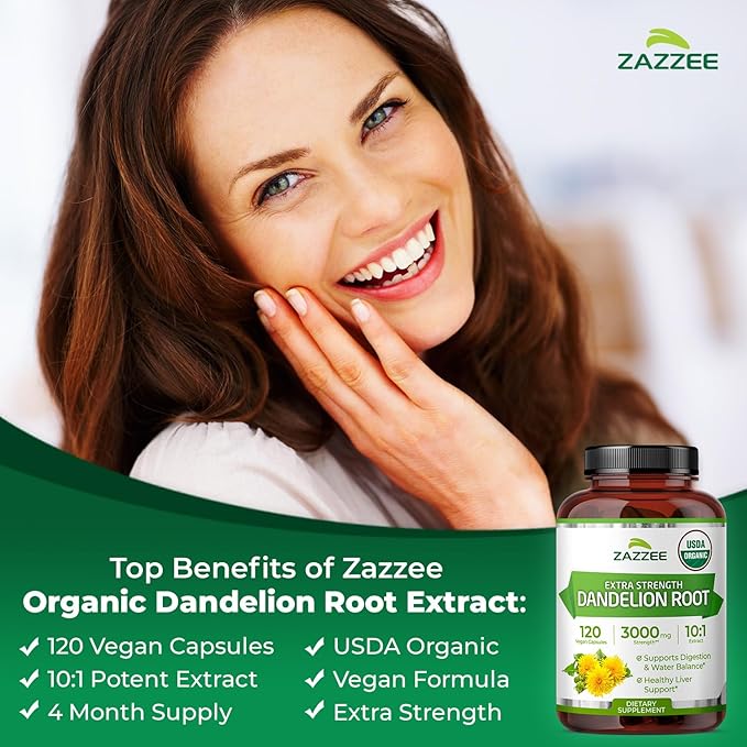 Zazzee USDA Organic Dandelion Root 10:1 Extract 120 Capsules 4 Month Supply Liver &amp Detox Support Taraxacum Officinale Organic Herbal Supplement All-Natural Non-GMO Made in the USA