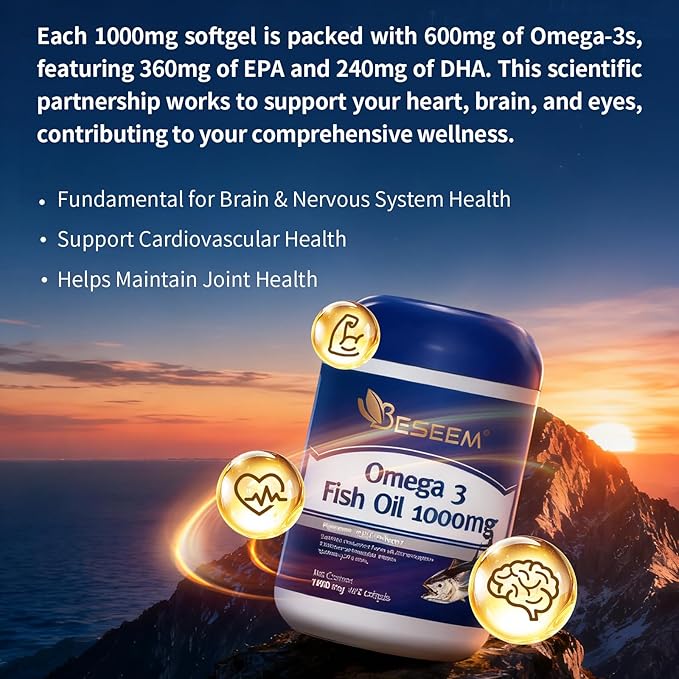 Omega-3 Fish Oil 1000mg Softgels - High Potency 360mg EPA + 240mg DHA per Serving Fish Oil Supplement from Wild-Caught Deep Ocean Fish Heart &amp Brain Support 400 Softgels