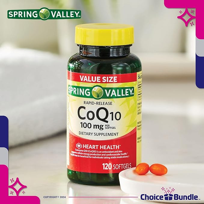 Choice Bundle Spring Valley Rapid-Release CoQ10 Coenzyme Q10 100 mg Softgels 120 Ct 4 pk (480 Total) + Vitamin Guide &amp Pill Container (6 Items)!