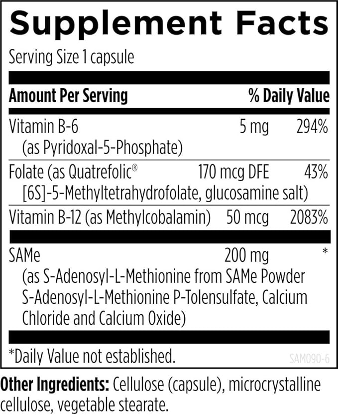 Designs for Health Same Capsules with B6 B12 + 5-MTHF - 200mg S-Adenosylmethionine Supplement with 5-MTHF (Folate) + Vitamin B12 - Non-GMO + Gluten-Free (30 Capsules)
