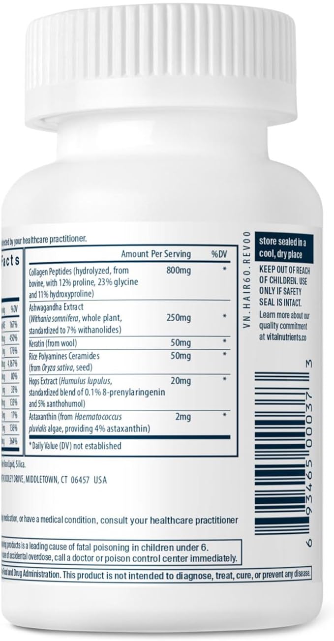 Vital Nutrients Hair Growth Vitamins Complex for Women - Hair Growth Supplement Supports Fuller Thicker Stronger with Keratin Ashwagandha Hops and Biotin - Vegan Dairy Gluten Free - 60 Count