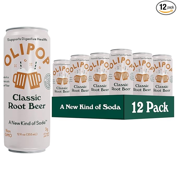 OLIPOP Prebiotic Soda Pop Classic Root Beer Pantry Pack Packed with Prebiotics Fiber and Botanicals Gluten Free GMO Free 12oz Skinny (12-Cans)