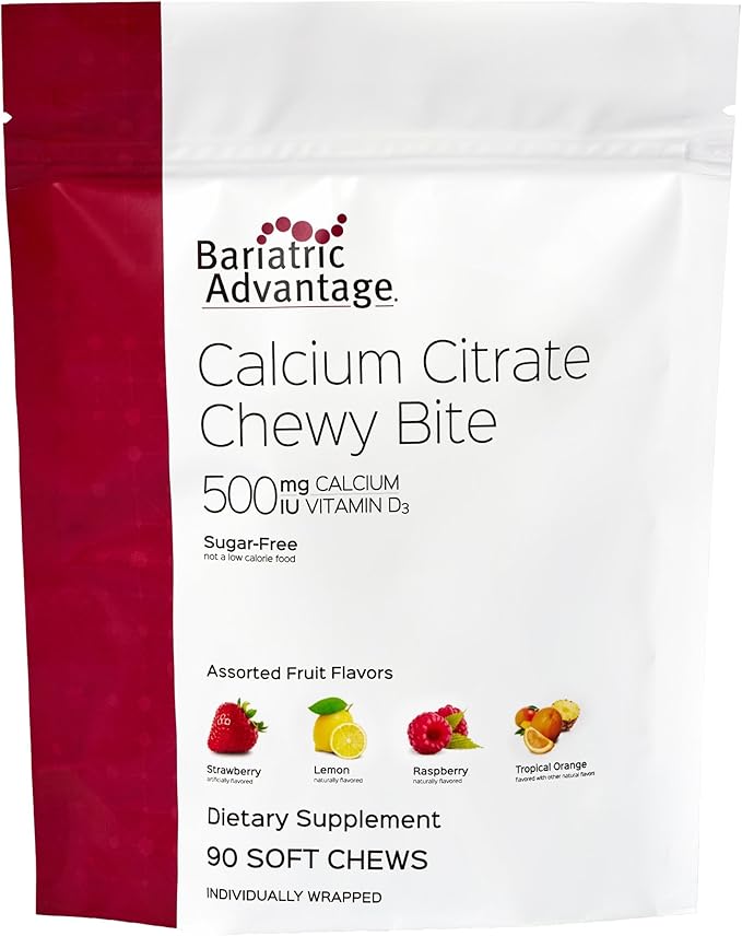 Bariatric Advantage Calcium Citrate Chewy Bites 500 mg - Highly Absorbable &amp Digestible - Vitamin D3 - Easily Chewable Calcium Supplement - Assorted Fruit - 90 Count