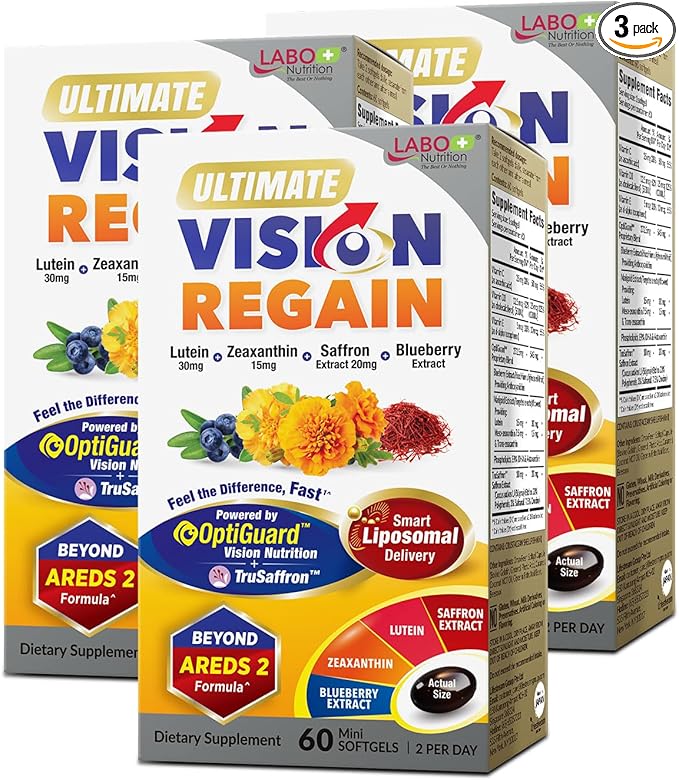 LABO Nutrition Ultimate VisionREGAIN Eye Vitamin Beyond AREDS 2 Formula with Lutein Zeaxanthin Saffron Extract Blueberry for Macular &amp Retinal Health Eye Fatigue Night Vision Support 60 Coun