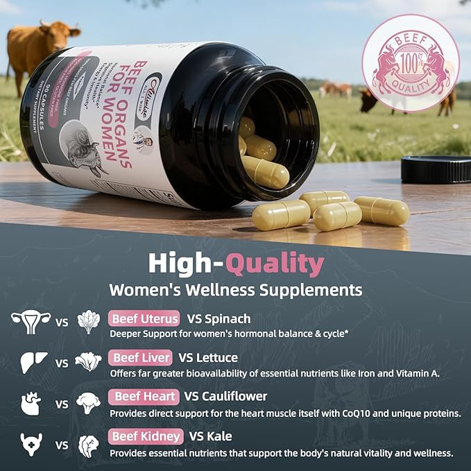 Alliwise 2 Pack Beef Organ Supplement for Women - Supports Female Hormonal Balance Energy &amp Overall Wellness 100% Grass Fed Beef Organs Complex: Liver Uterus* Heart &amp 3 More (2 Capsules Dai