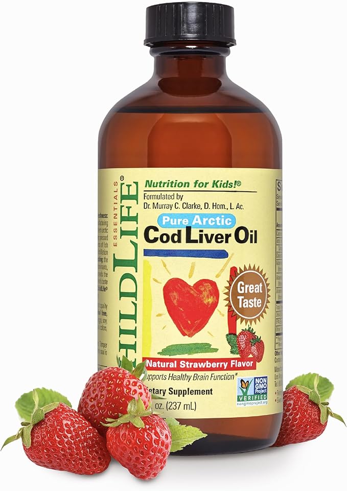 CHILDLIFE ESSENTIALS Cod Liver Oil for Kids - Kids Arctic Cod Liver Oil Liquid for Babies 6+ Months &amp Toddlers Added DHA EPA Omega-3 Fatty Acids - Strawberry 8 fl oz