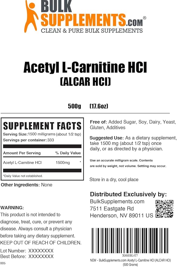 BulkSupplements.com Acetyl L-Carnitine Powder - as ALCAR HCl Carnitine Supplement - Gluten Free 1.5g per Serving 500g (1.1 lbs) (Pack of 1)
