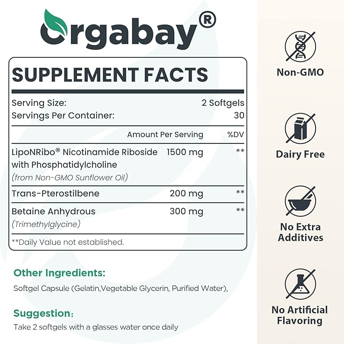 Orgabay Liposomal Nicotinamide Riboside 2000 MG with TMG and Pterostilbene Boosting NAD+ Support Healthy Aging 120 Count
