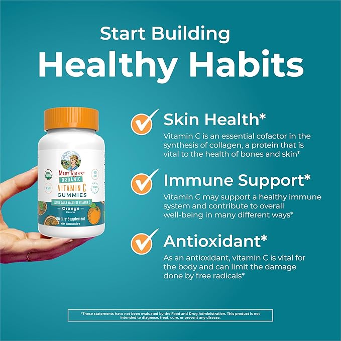 MARYRUTH'S Adult Vitamin C Gummies | USDA Organic | Vegan Chewable Vitamin C Gummies for Ages 14+ | for Immune Support &amp Overall Wellness | Vegan | Non-GMO | Orange Flavor | 60 Count
