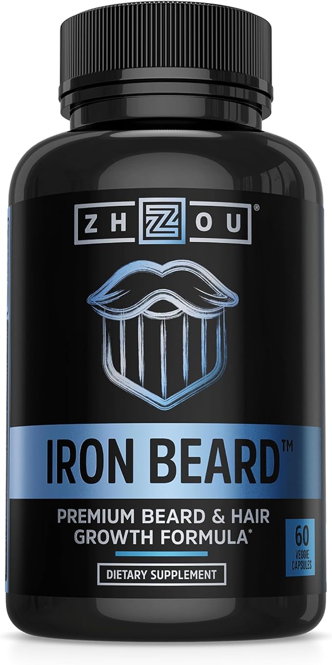 Zhou Iron Beard - Beard Growth Vitamins Men Premium Biotin Saw Palmetto &amp B Vitamin Pills to Support Facial Hair Beard Care Supplement for Full Beard - 60 Veggie Capsules