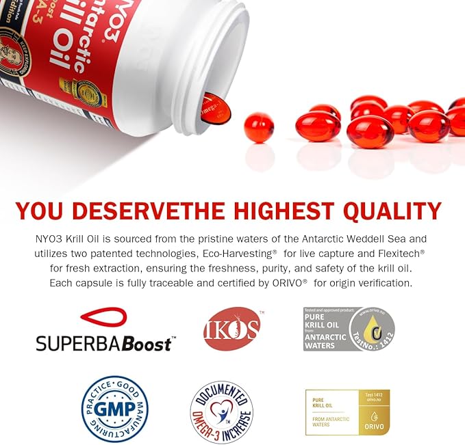 NYO3 Pure Antarctic Krill Oil Omega 3 Supplement 56% Phospholipids for Maximum Nutrient Delivery Upgraded Fish Oil with Choline &amp Antioxidant Astaxanthin for Heart Brain No Fishy Burps 90 Soft