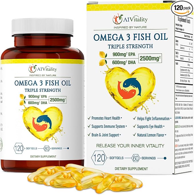 Omega 3 Triple Strength EPA DHA Supplement - 2500mg Lemon Flavored Burpless Fish Oil - High Potency 900mg EPA 600mg DHA Supports Circulation Brain Heart Eye Skin Bone &amp Joints - 120 Softgels
