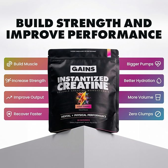 Gains in Bulk Instantized Creatine Monohydrate for Men &amp Women Soluble Pre Workout Powder Supports Muscle Building Strength and Performance Bodybuilding Supplements Sour Gummy 30 Servings