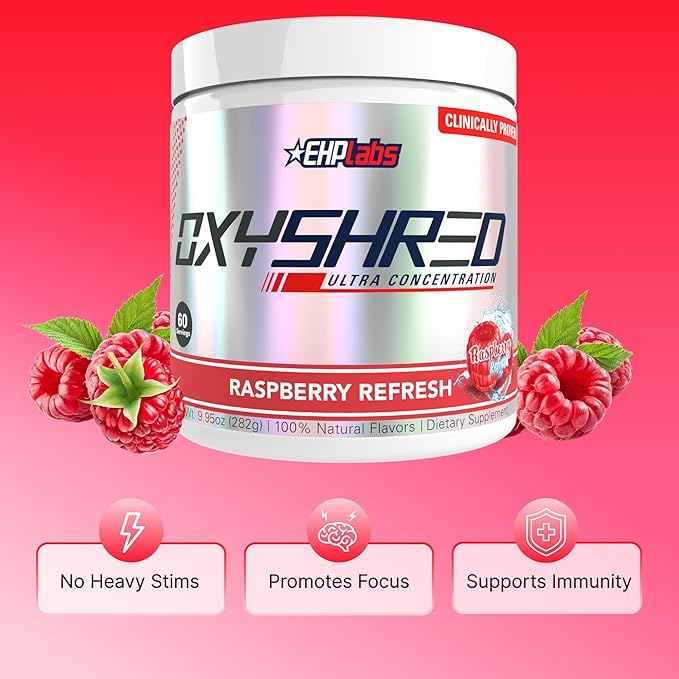 EHP Labs OxyShred Pre Workout Powder - Preworkout Powder with L Glutamine &amp Acetyl L Carnitine Energy Boost Drink - Raspberry Refresh 60 Servings