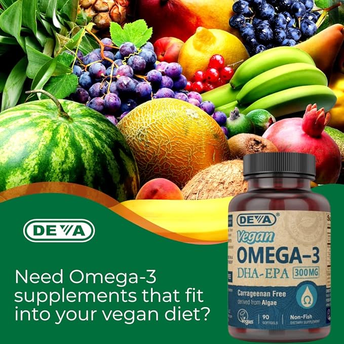 DEVA Vegan Omega-3 DHA-EPA 300MG – No Carrageenan Non-Fish Oil Derived from Algae Non-GMO 90 Gelatin-Free Softgels
