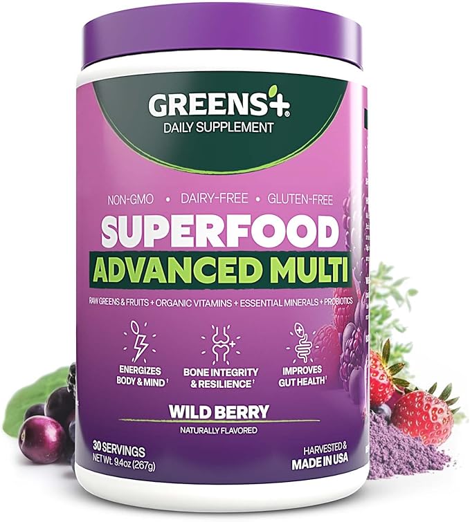 Greens+ Advanced Multi Wild Berry Superfood Powder Organic Blend Vegan Non-GMO Soy-Free Dairy-Free Gluten-Free Dietary Supplement with Vitamins &amp Minerals 9.4 oz