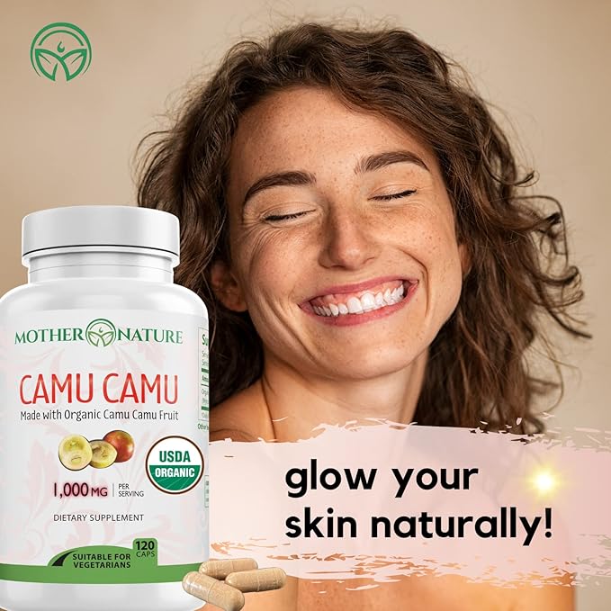 Organic Vitamin C from Camu Camu Capsules 1000mg Packed with Natural VIT C Raw Antioxidants - Immune Support Supplement &amp Anti-Aging for Skin - Powder Organic Vegan Non-GMO (120 Count)
