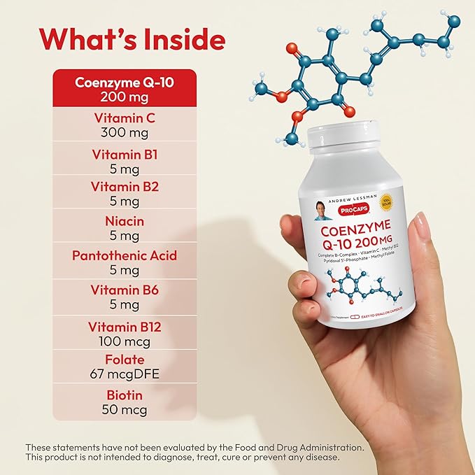 ANDREW LESSMAN Coenzyme Q-10 200 mg 30 Capsules - Essential for Energy Production and Optimum Key Organ Function Anti-Oxidant Support Depleted by Aging Plus B-Complex. Easy to Swallow Capsules