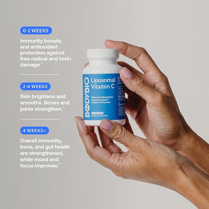 BodyBio Liposomal Vitamin C - Powerful Antioxidant for Immune Support and Cellular Health 1000 mg Pure Ascorbic Acid with Maximum Absorption