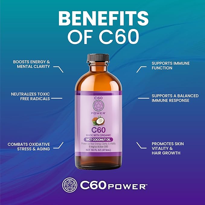 C60 Power C60 in Organic MCT Coconut Oil - Natural Wellness &amp Antioxidant Support for Men &amp Women 99.99% Pure Carbon Fullerenes Promotes Energy Mental Clarity &amp Stamina - 16 fl oz Bott